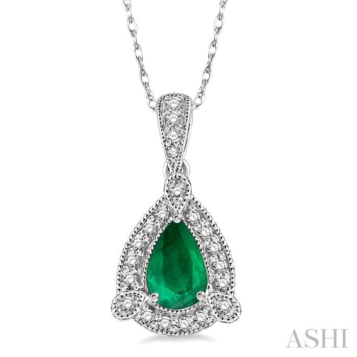 6x4 MM Pear Shape Emerald and 1/10 ctw Round Cut Diamond Pendant in 14K White Gold with Chain
