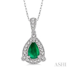 6x4 MM Pear Shape Emerald and 1/10 Ctw Round Cut Diamond Pendant in 14K White Gold with Chain