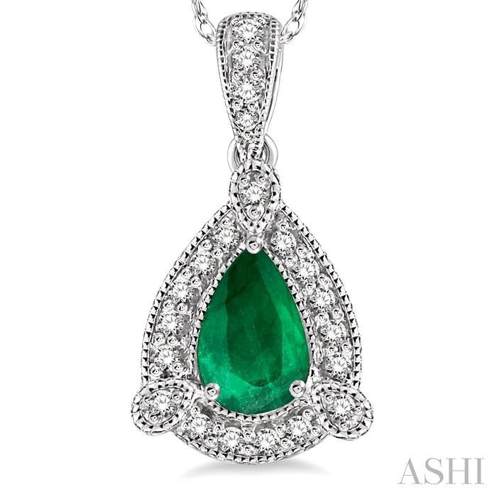 6x4 MM Pear Shape Emerald and 1/10 Ctw Round Cut Diamond Pendant in 14K White Gold with Chain
