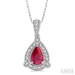 6x4 MM Pear Shape Ruby and 1/10 ctw Round Cut Diamond Pendant in 14K White Gold with Chain