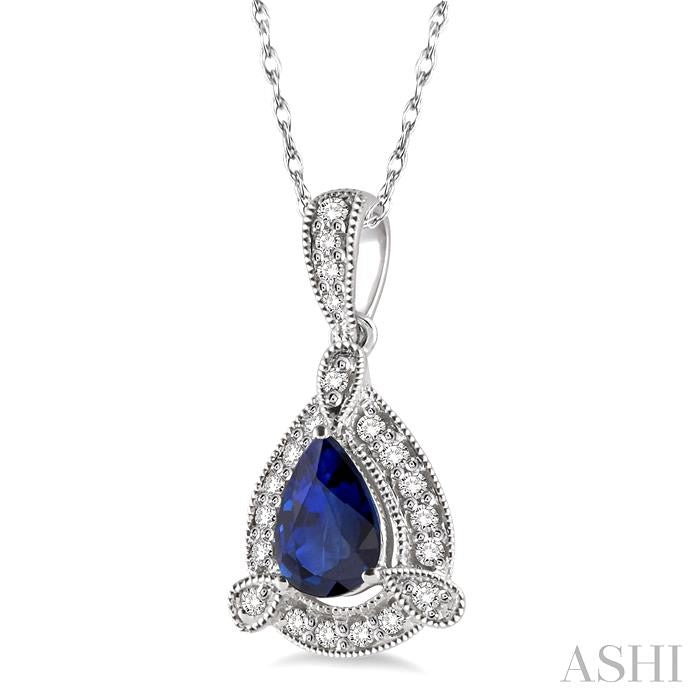 6x4 MM Pear Shape Sapphire and 1/10 Ctw Round Cut Diamond Pendant in 14K White Gold with Chain