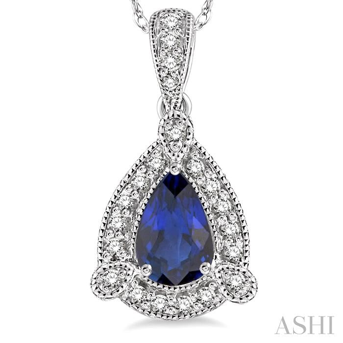 6x4 MM Pear Shape Sapphire and 1/10 Ctw Round Cut Diamond Pendant in 14K White Gold with Chain