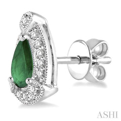 5x3 MM Pear Shape Emerald and 1/6 Ctw Round Cut Diamond Earrings in 10K White Gold