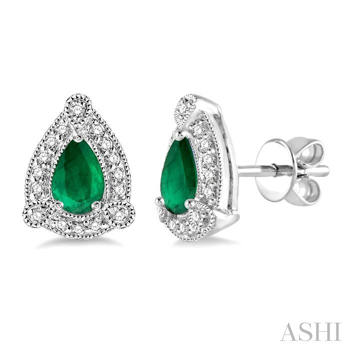 5x3 MM Pear Shape Emerald and 1/6 Ctw Round Cut Diamond Earrings in 10K White Gold