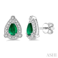 5x3 MM Pear Shape Emerald and 1/6 Ctw Round Cut Diamond Earrings in 10K White Gold