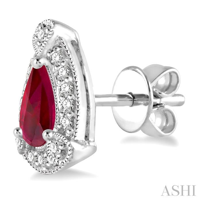 5x3 MM Pear Shape Ruby and 1/6 Ctw Round Cut Diamond Earrings in 10K White Gold