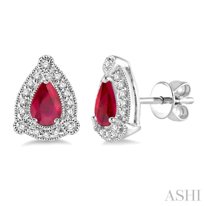 5x3 MM Pear Shape Ruby and 1/6 Ctw Round Cut Diamond Earrings in 10K White Gold
