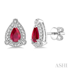 5x3 MM Pear Shape Ruby and 1/6 Ctw Round Cut Diamond Earrings in 10K White Gold