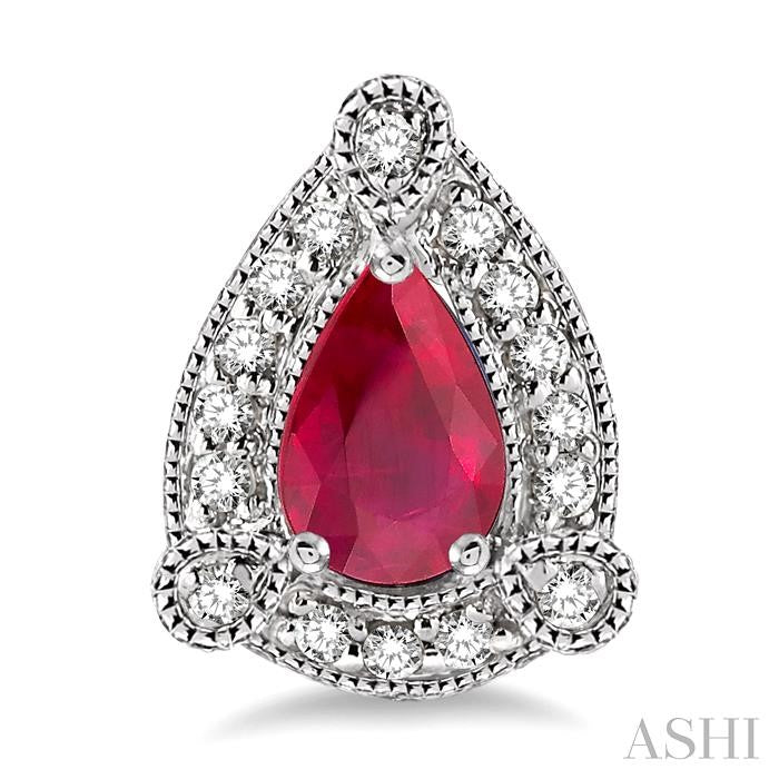 5x3 MM Pear Shape Ruby and 1/6 Ctw Round Cut Diamond Earrings in 10K White Gold