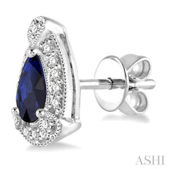 5x3 MM Pear Shape Sapphire and 1/6 Ctw Single Cut Diamond Earrings in 10K White Gold