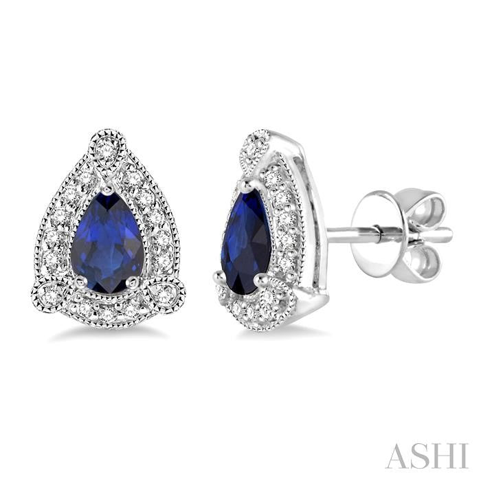 5x3 MM Pear Shape Sapphire and 1/6 Ctw Single Cut Diamond Earrings in 10K White Gold