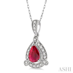 6x4 MM Pear Shape Ruby and 1/10 Ctw Round Cut Diamond Pendant in 10K White Gold with Chain