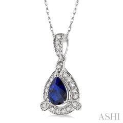 6x4 MM Pear Shape Sapphire and 1/10 Ctw Round Cut Diamond Pendant in 10K White Gold with Chain