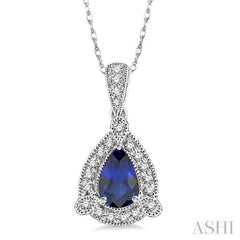 6x4 MM Pear Shape Sapphire and 1/10 ctw Single Cut Diamond Pendant in 10K White Gold with Chain