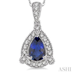 6x4 MM Pear Shape Sapphire and 1/10 Ctw Round Cut Diamond Pendant in 10K White Gold with Chain