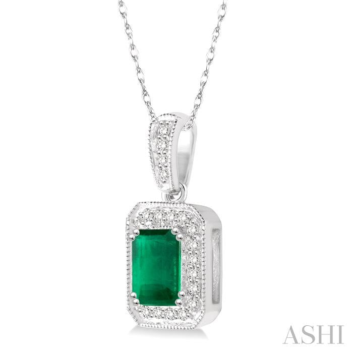 6x4 MM Emerald Shape Emerald and 1/5 Ctw Round Cut Diamond Pendant in 14K White Gold with Chain