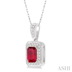 6x4 MM Emerald Shape Ruby and 1/5 Ctw Round Cut Diamond Pendant in 14K White Gold with Chain