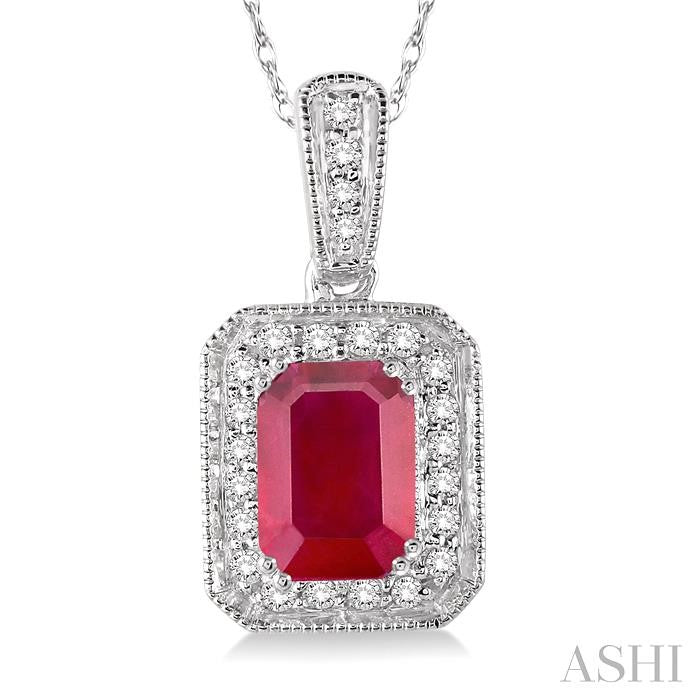 6x4 MM Emerald Shape Ruby and 1/5 Ctw Round Cut Diamond Pendant in 14K White Gold with Chain
