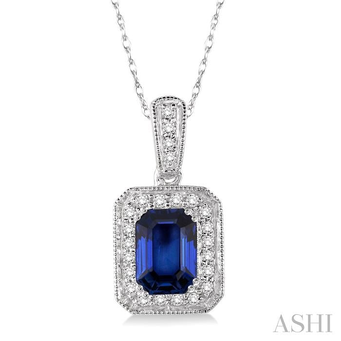 6x4 MM Emerald Shape Sapphire and 1/5 ctw Round Cut Diamond Pendant in 14K White Gold with Chain