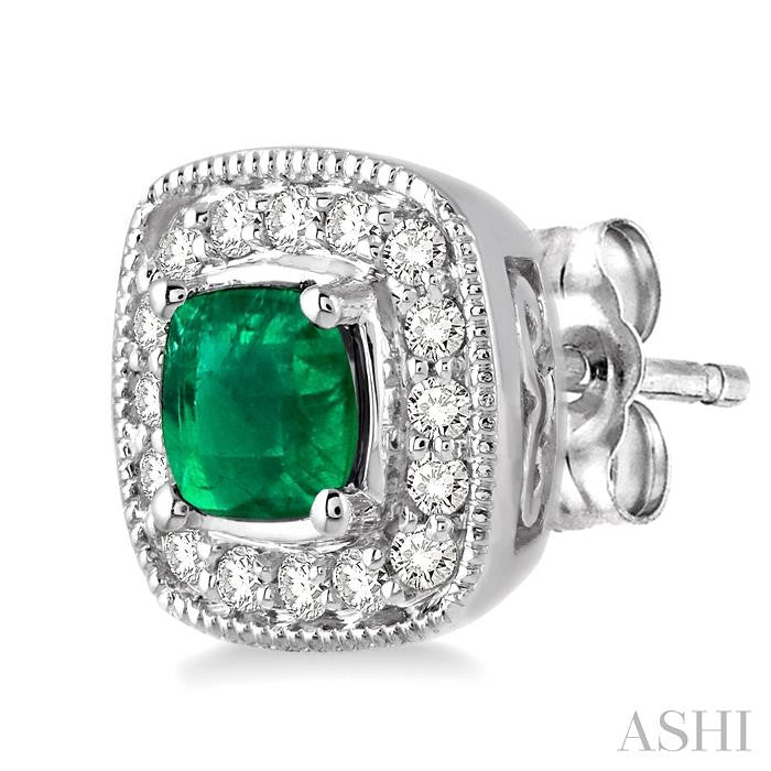 4x4 MM Cushion Shape Emerald and 1/5 Ctw Round Cut Diamond Earrings in 14K White Gold