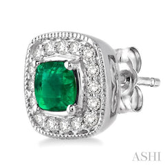 4x4 MM Cushion Shape Emerald and 1/5 Ctw Round Cut Diamond Earrings in 14K White Gold
