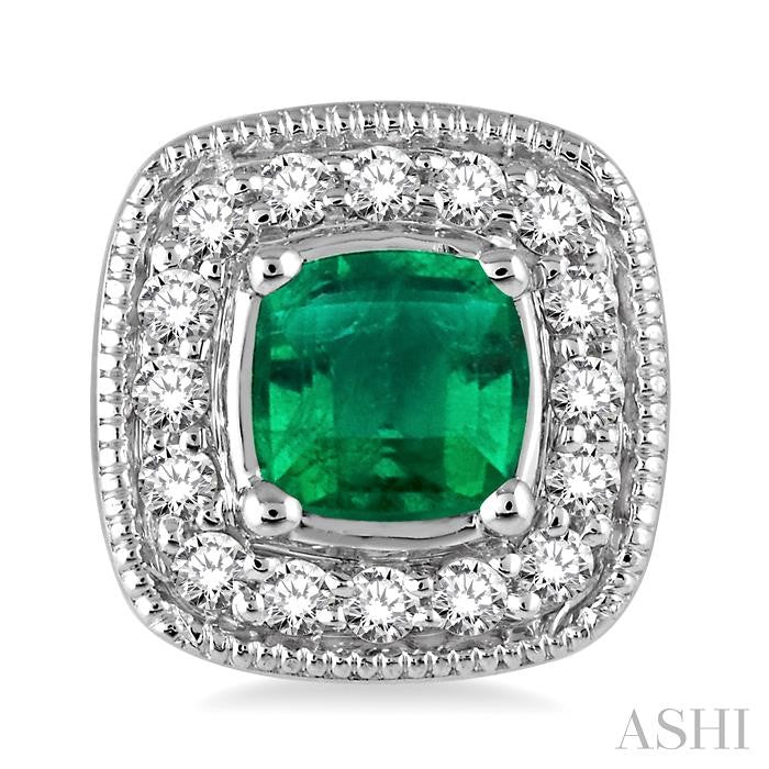 4x4 MM Cushion Shape Emerald and 1/5 Ctw Round Cut Diamond Earrings in 14K White Gold