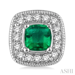 4x4 MM Cushion Shape Emerald and 1/5 Ctw Round Cut Diamond Earrings in 14K White Gold