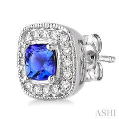 4x4 MM Cushion Shape Tanzanite and 1/5 Ctw Round Cut Diamond Earrings in 14K White Gold