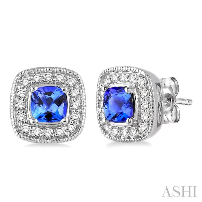 4x4 MM Cushion Shape Tanzanite and 1/5 Ctw Round Cut Diamond Earrings in 14K White Gold