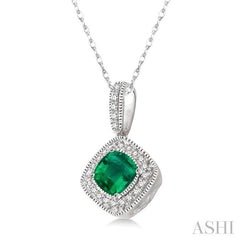 5x5 MM Cushion Shape Emerald and 1/5 Ctw Round Cut Diamond Pendant in 14K White Gold with Chain