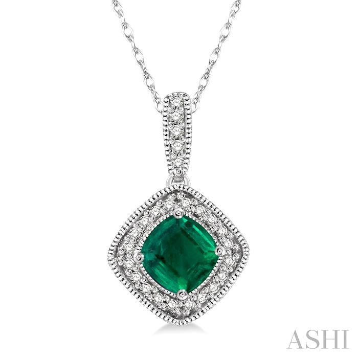 5x5 MM Cushion Shape Emerald and 1/5 ctw Round Cut Diamond Pendant in 14K White Gold with Chain