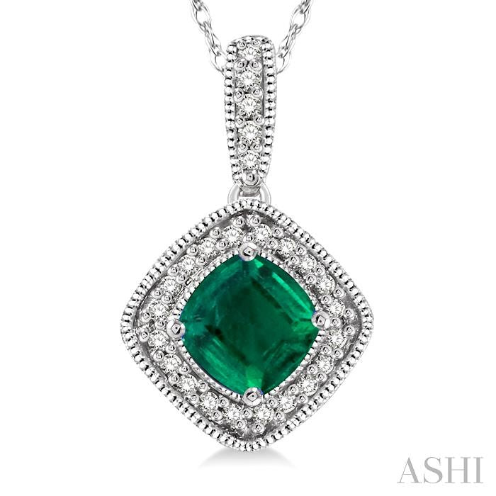 5x5 MM Cushion Shape Emerald and 1/5 ctw Round Cut Diamond Pendant in 14K White Gold with Chain