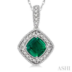 5x5 MM Cushion Shape Emerald and 1/5 ctw Round Cut Diamond Pendant in 14K White Gold with Chain