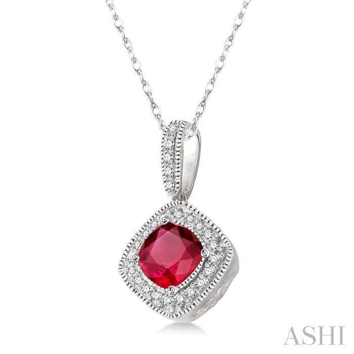 5x5 MM Cushion Shape Ruby and 1/5 Ctw Round Cut Diamond Pendant in 14K White Gold with Chain