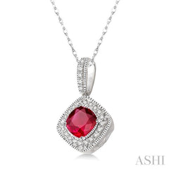 5x5 MM Cushion Shape Ruby and 1/5 Ctw Round Cut Diamond Pendant in 14K White Gold with Chain