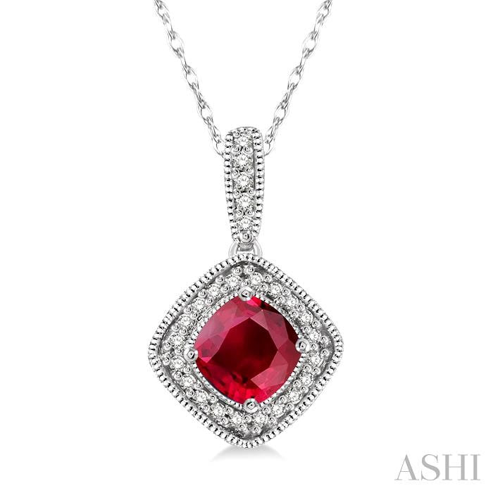 5x5 MM Cushion Shape Ruby and 1/5 ctw Round Cut Diamond Pendant in 14K White Gold with Chain