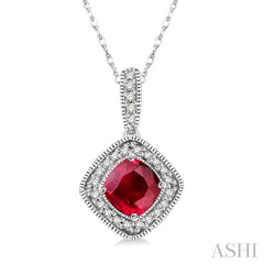 5x5 MM Cushion Shape Ruby and 1/5 Ctw Round Cut Diamond Pendant in 14K White Gold with Chain