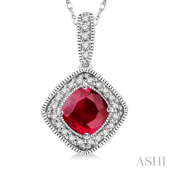 5x5 MM Cushion Shape Ruby and 1/5 Ctw Round Cut Diamond Pendant in 14K White Gold with Chain