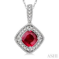 5x5 MM Cushion Shape Ruby and 1/5 Ctw Round Cut Diamond Pendant in 14K White Gold with Chain