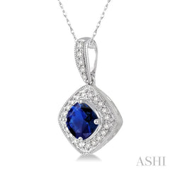 5x5 MM Cushion Shape Sapphire and 1/5 Ctw Round Cut Diamond Pendant in 14K White Gold with Chain