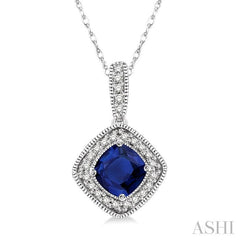 5x5 MM Cushion Shape Sapphire and 1/5 ctw Round Cut Diamond Pendant in 14K White Gold with Chain