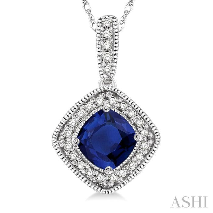 5x5 MM Cushion Shape Sapphire and 1/5 Ctw Round Cut Diamond Pendant in 14K White Gold with Chain