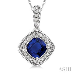 5x5 MM Cushion Shape Sapphire and 1/5 Ctw Round Cut Diamond Pendant in 14K White Gold with Chain