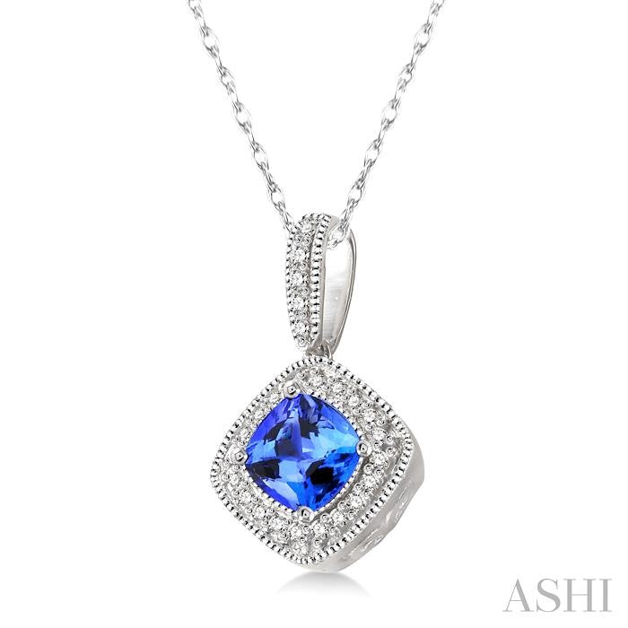 5x5 MM Cushion Shape Tanzanite and 1/5 ctw Round Cut Diamond Pendant in 14K White Gold with Chain