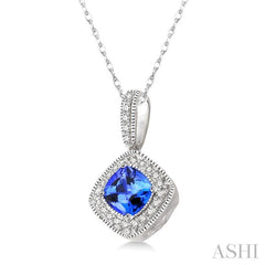 5x5 MM Cushion Shape Tanzanite and 1/5 ctw Round Cut Diamond Pendant in 14K White Gold with Chain