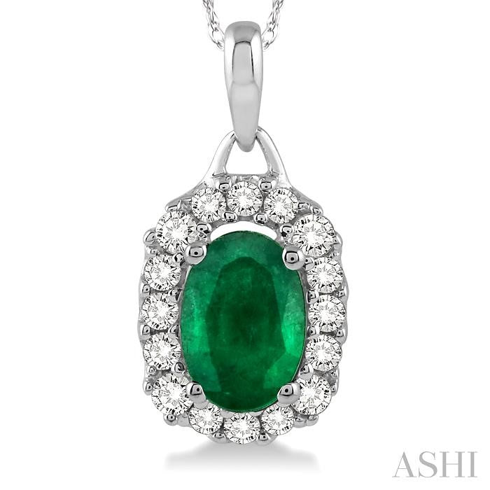 6x4 MM Oval Cut Emerald and 1/6 ctw Round Cut Diamond Precious Pendant in 14K White Gold with Chain