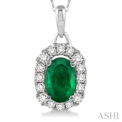 6x4 MM Oval Cut Emerald and 1/6 ctw Round Cut Diamond Precious Pendant in 14K White Gold with Chain