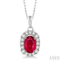 6x4 MM Oval Cut Ruby and 1/6 ctw Round Cut Diamond Precious Pendant in 14K White Gold with Chain