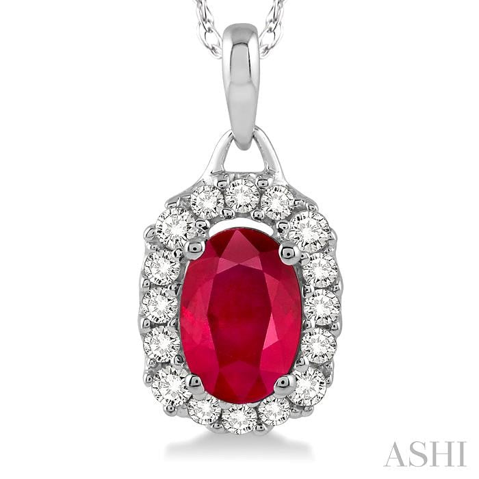 6x4 MM Oval Cut Ruby and 1/6 ctw Round Cut Diamond Precious Pendant in 14K White Gold with Chain