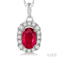 6x4 MM Oval Cut Ruby and 1/6 Ctw Round Cut Diamond Precious Pendant in 14K White Gold with Chain